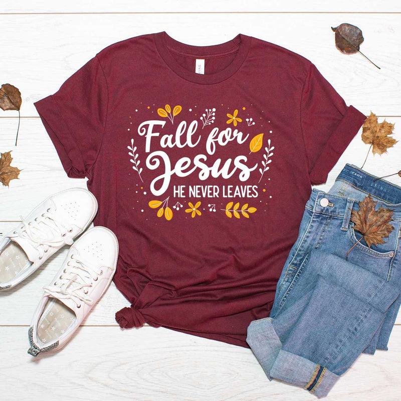 Fall for Jesus He Never Leaves (in BROWN) Tee - SMALL (SALE)